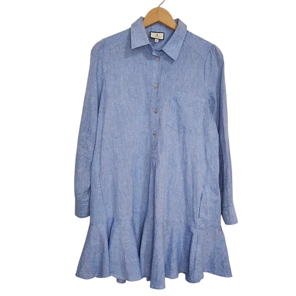 Tuckernuck Blue Cotton Chambray Callahan ButtonDown Shirt Dress Ruffle Hem Small - Picture 2 of 11